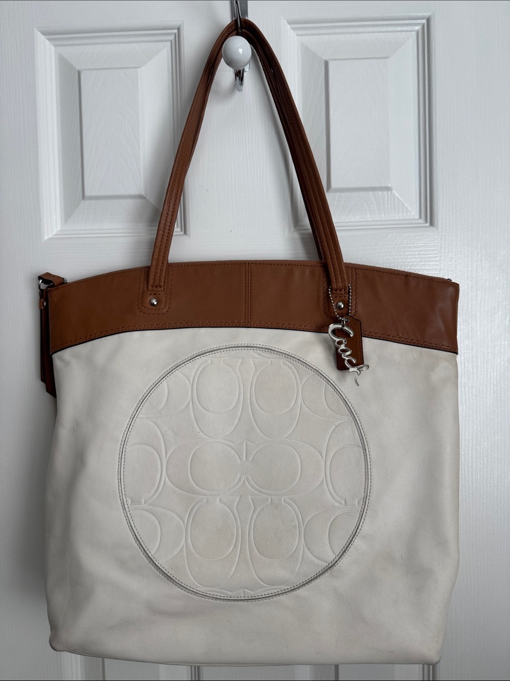 Coach Cream Canvas Tote with Brown Leather Trim
